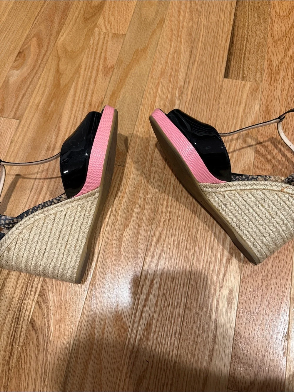 Fendi Black Patent Leather & Snake-Print Wedge Sandals